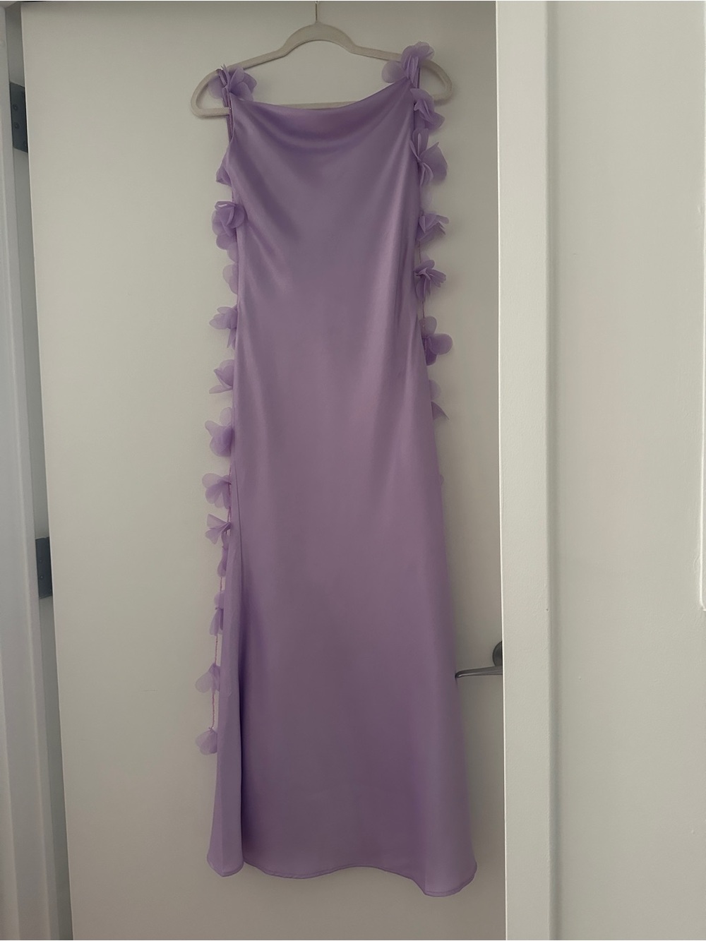 Lilac Sleeveless satin Dress with Petal Detail in the back